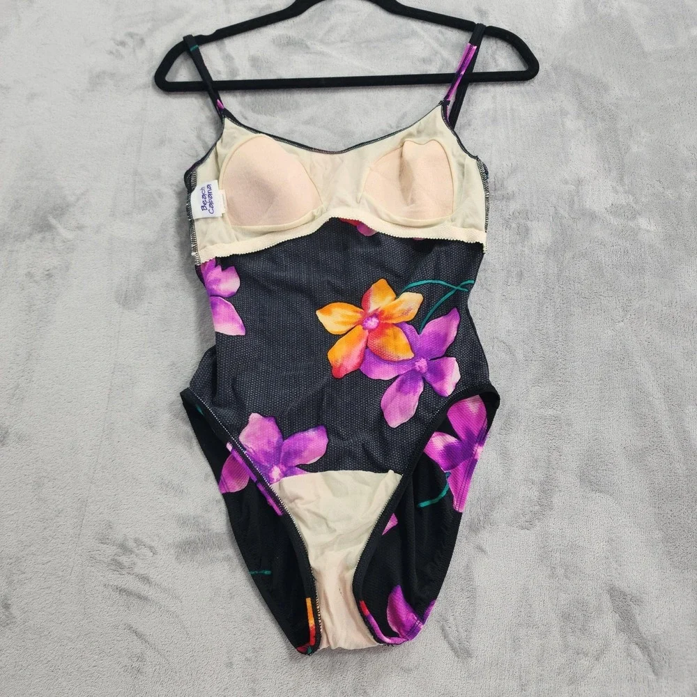 Vintage Beach Cabana Swimsuit M Black Floral One‎ Piece Padded Lined Stretch